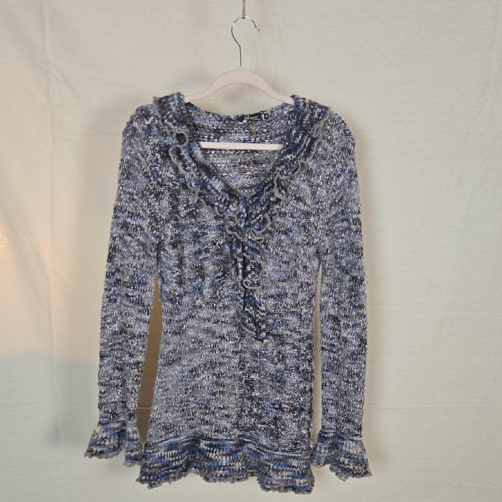 Bacci Shimmery Blue, White, Grey And Black Knit Sweater with Ruffle Details